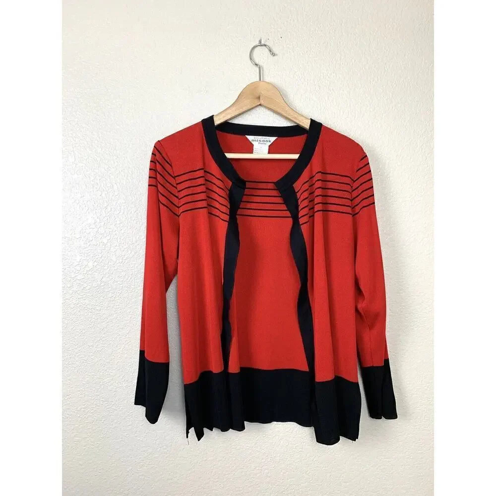 Exclusively Misook Red Black Open Front Cardigan Jacket PS Petite Small Acrylic
